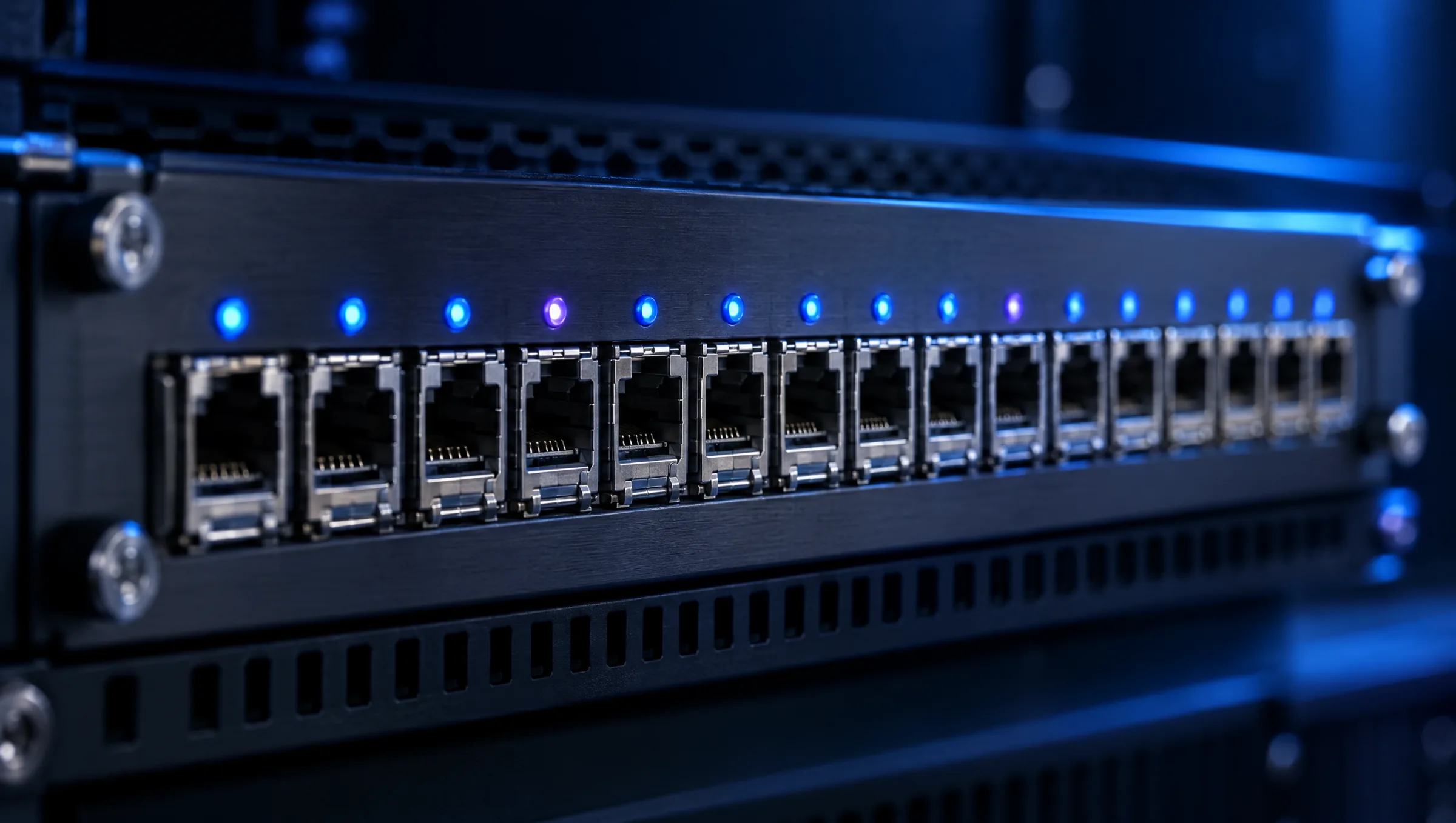 Close-up of a carrier line card with a row of sixteen ports, each lit by a blue status light