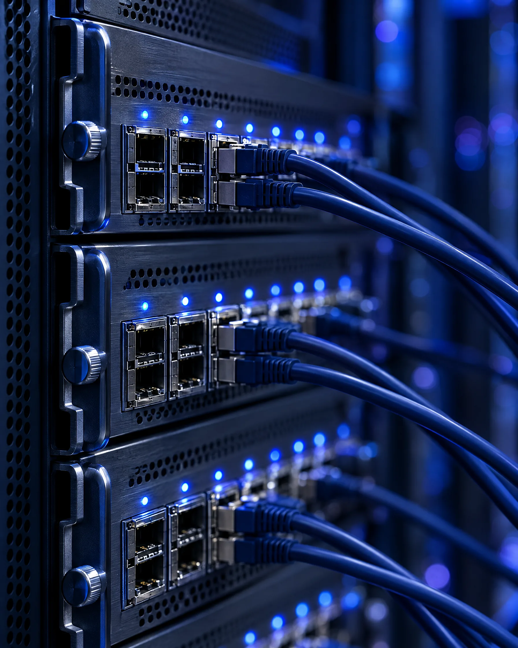 A stack of carrier line cards with patched ports and glowing blue status lights