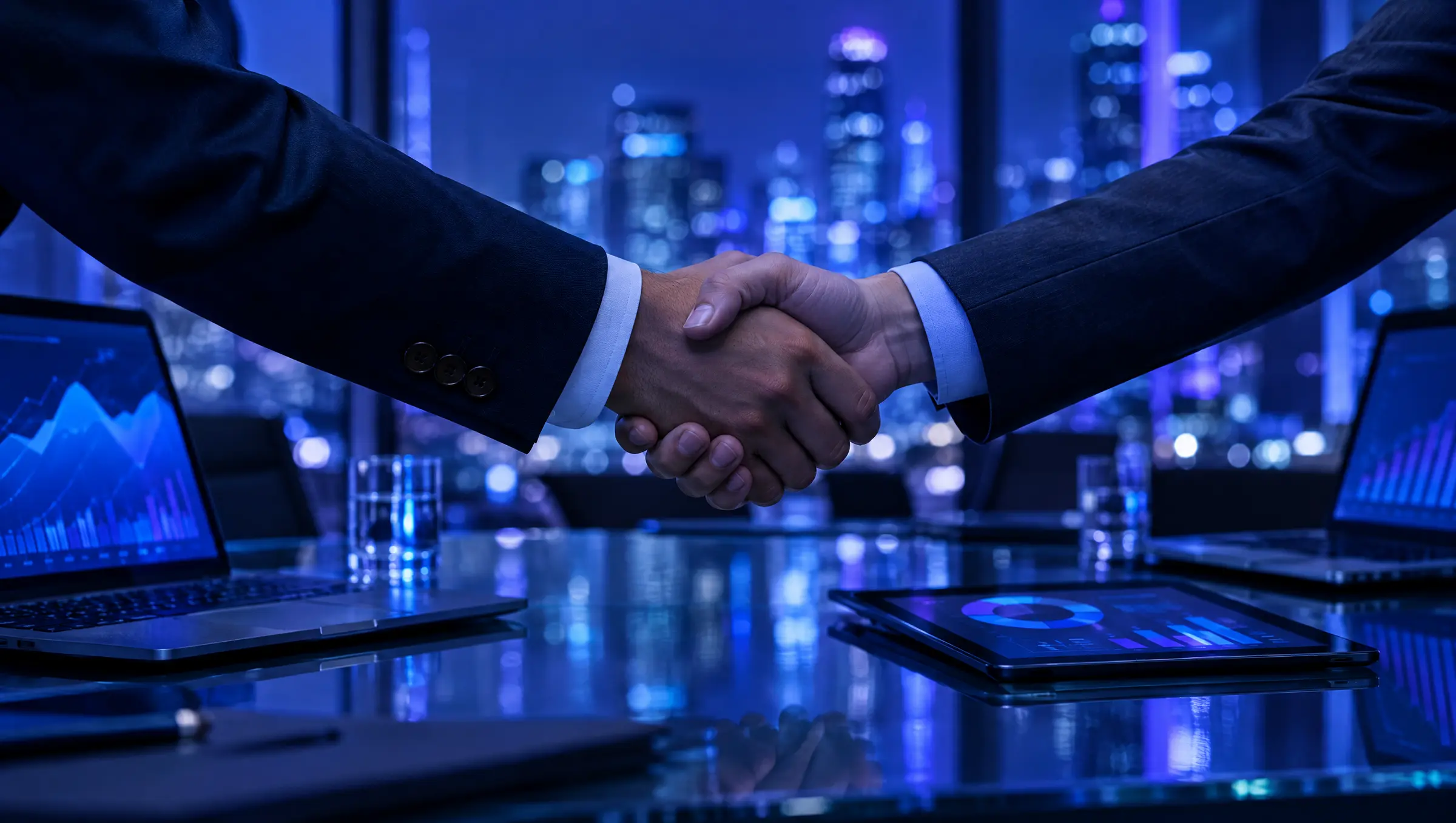 Two people shaking hands over a boardroom table