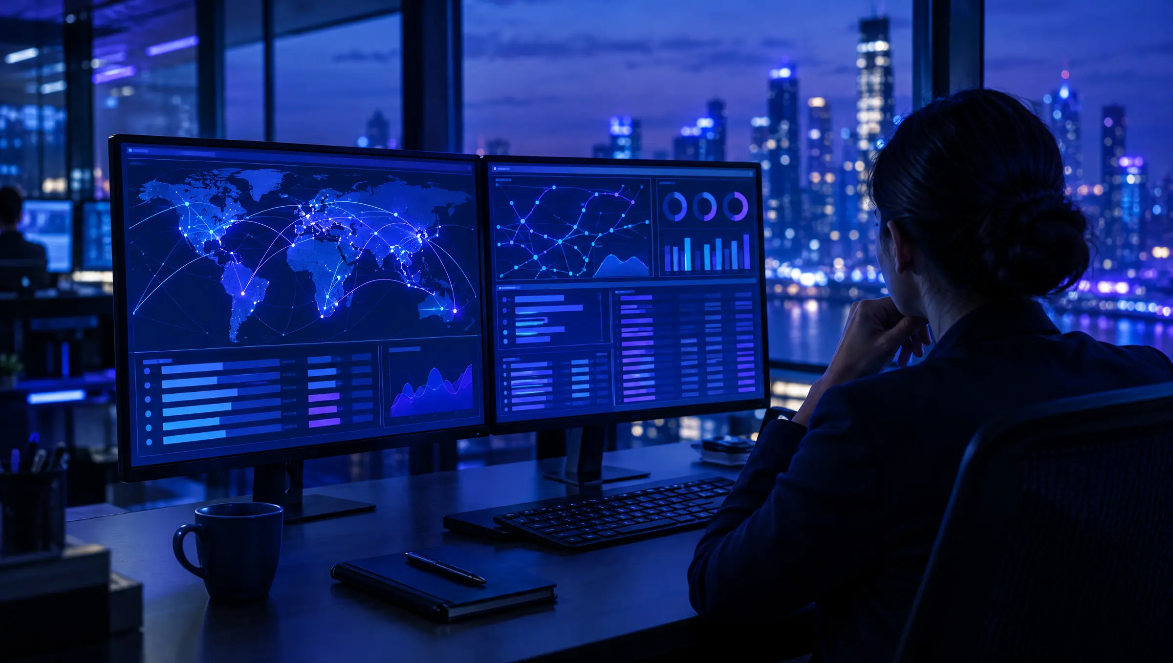 A carrier operations manager reviewing route charts on two monitors