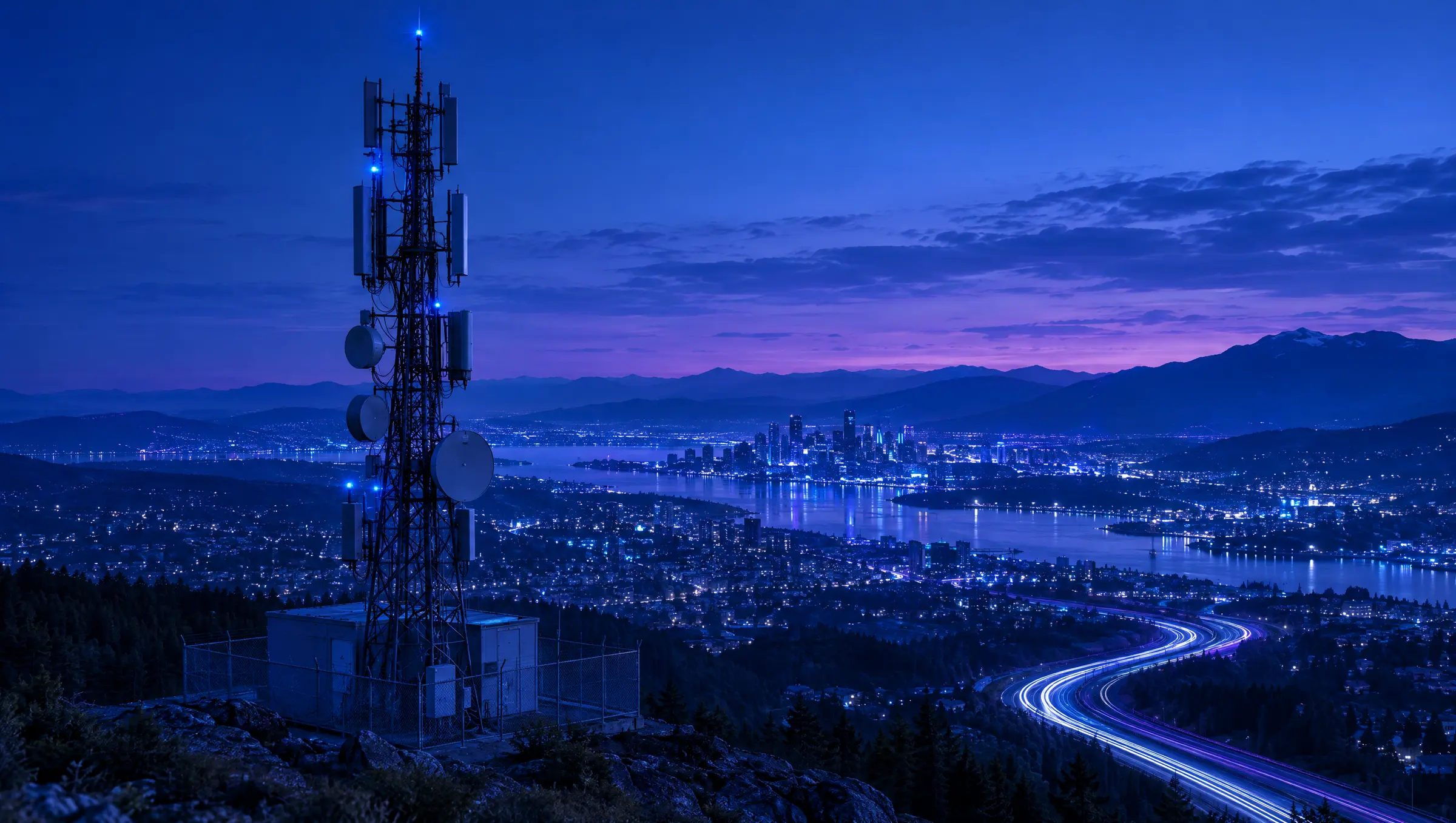 A cellular tower above a city at dusk