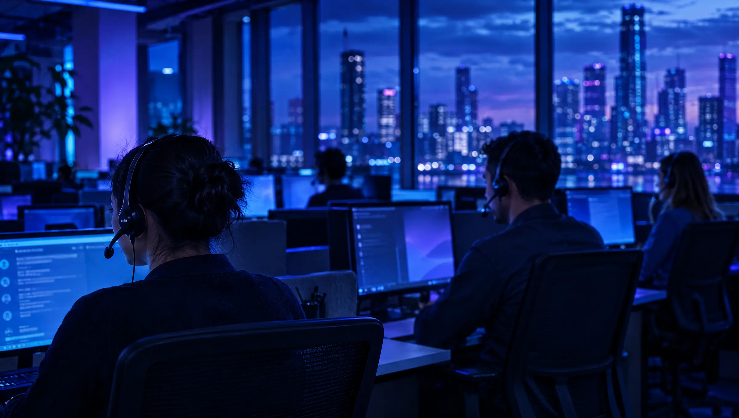 A contact centre at night, agents in headsets at screens