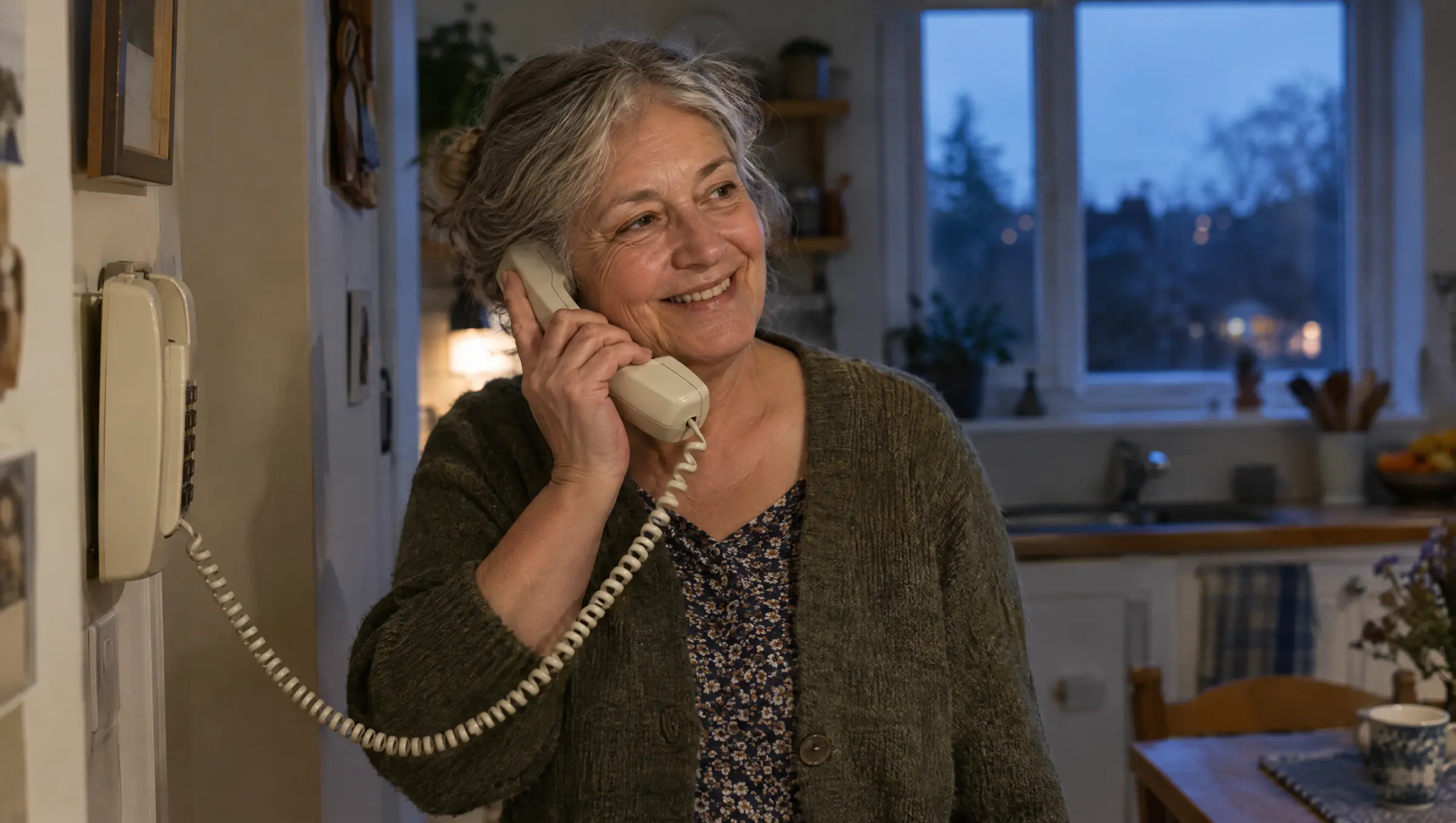 A woman at home making a call on a wall-mounted landline