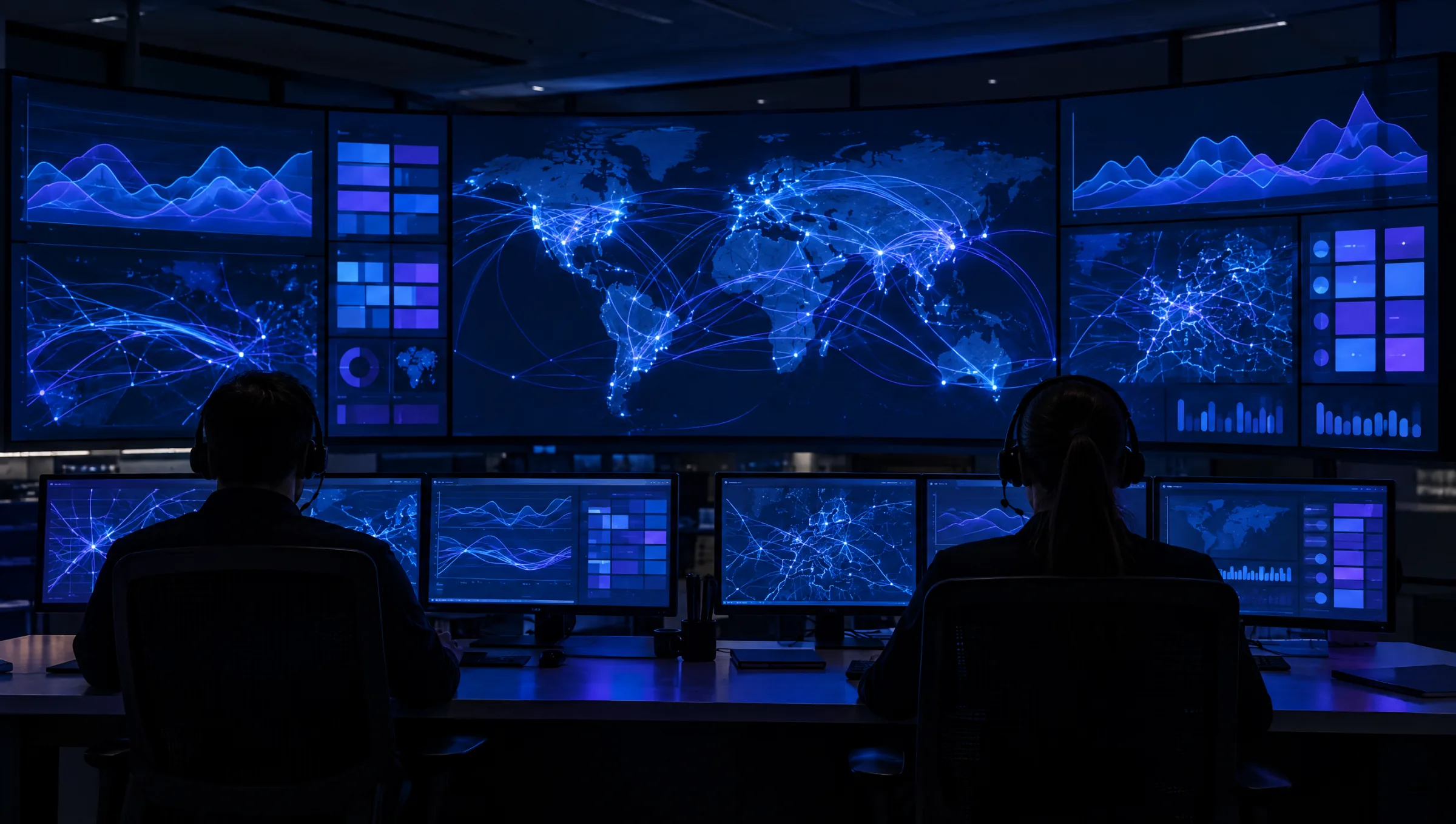 Operators at a network operations centre facing a wall of route maps