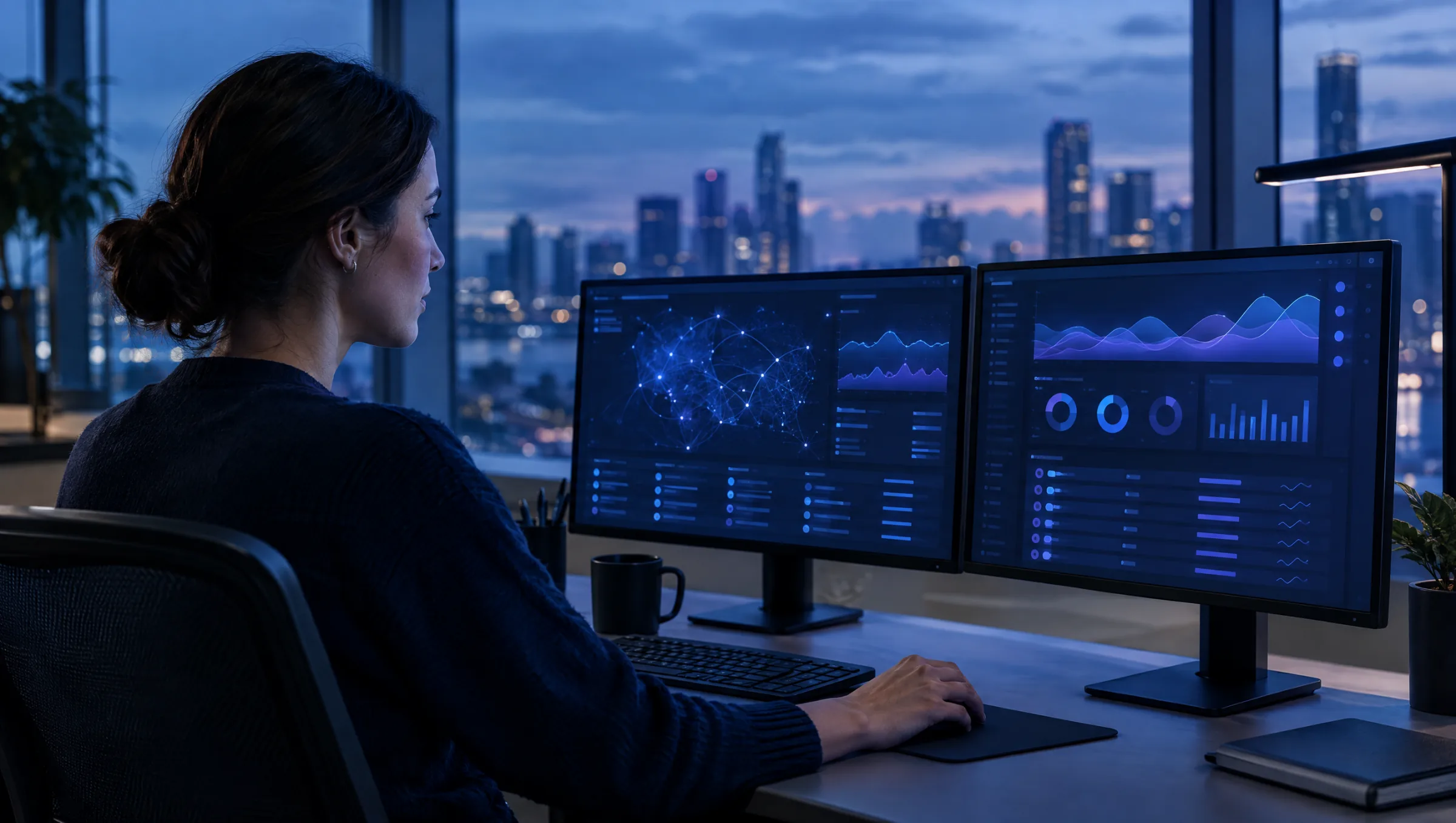 A network engineer reviewing a dashboard of route charts at dusk