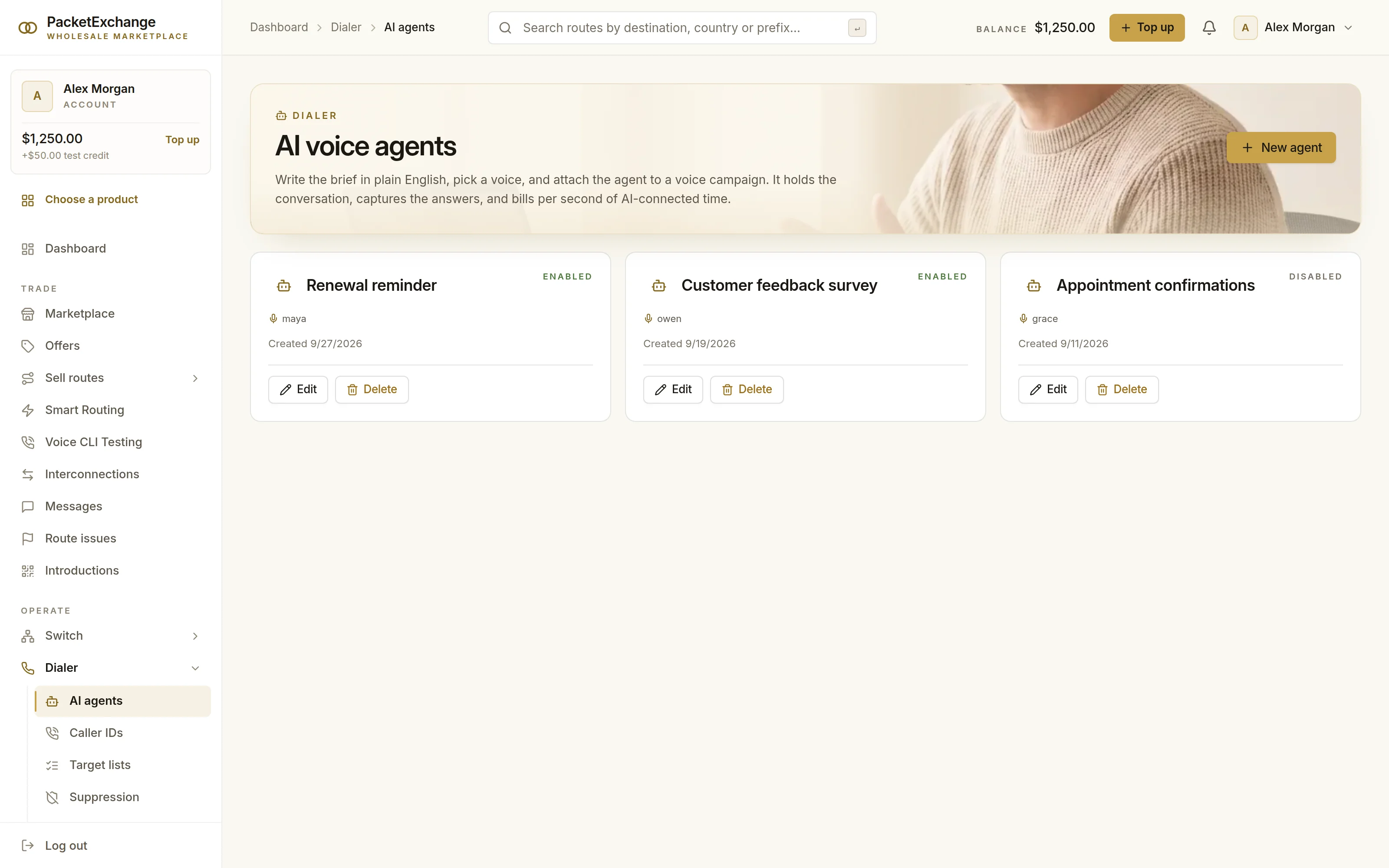 AI voice agents page with three agents (renewal reminder, feedback survey, appointment confirmations), each with its voice and enabled state