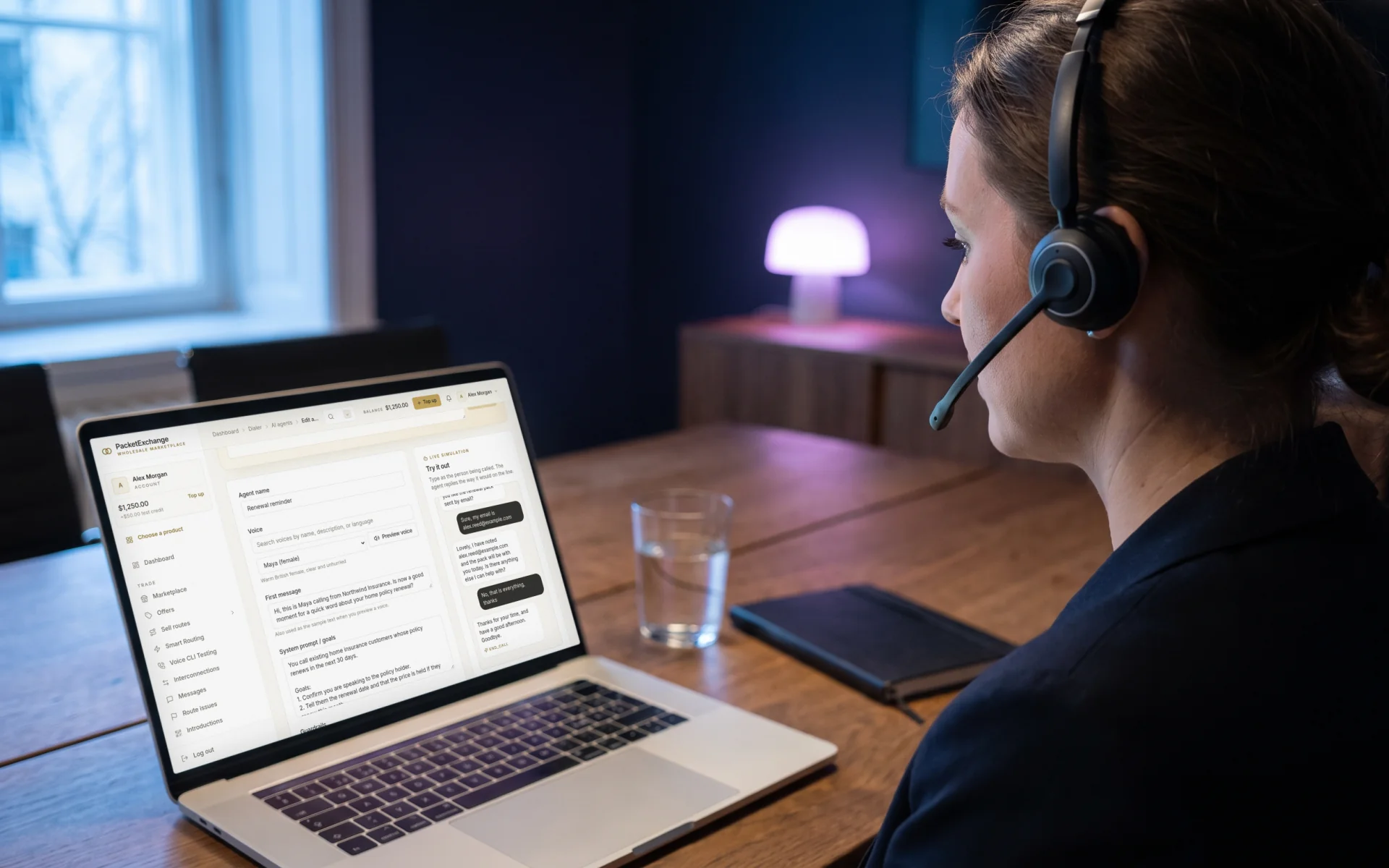 A woman in a headset testing an AI voice agent on a laptop: the agent's voice, opening line and brief beside a live simulated conversation that ends the call
