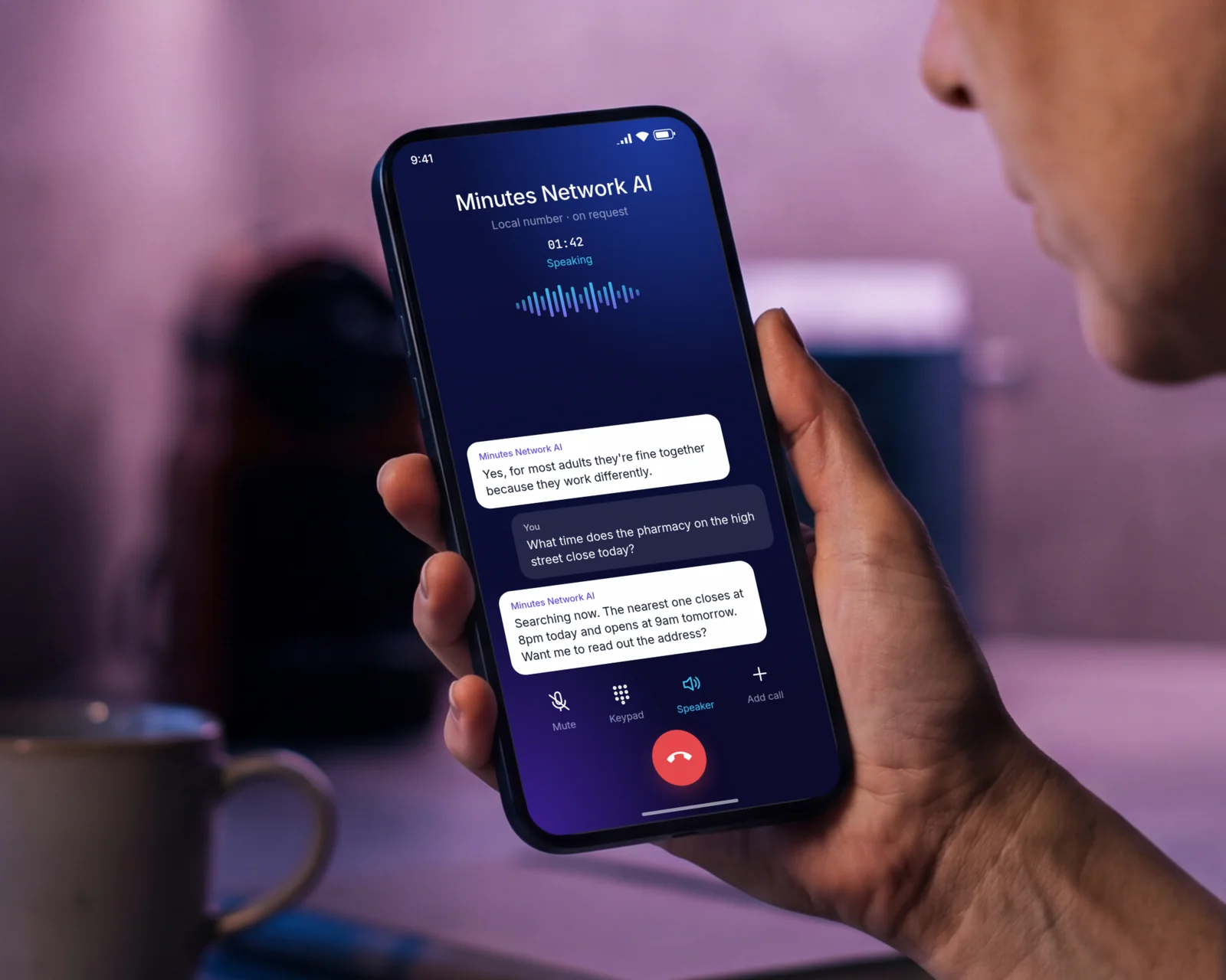 A phone in a hand on a Minutes Network AI call, the screen showing a question about a pharmacy's closing time and the answer found by a live web search