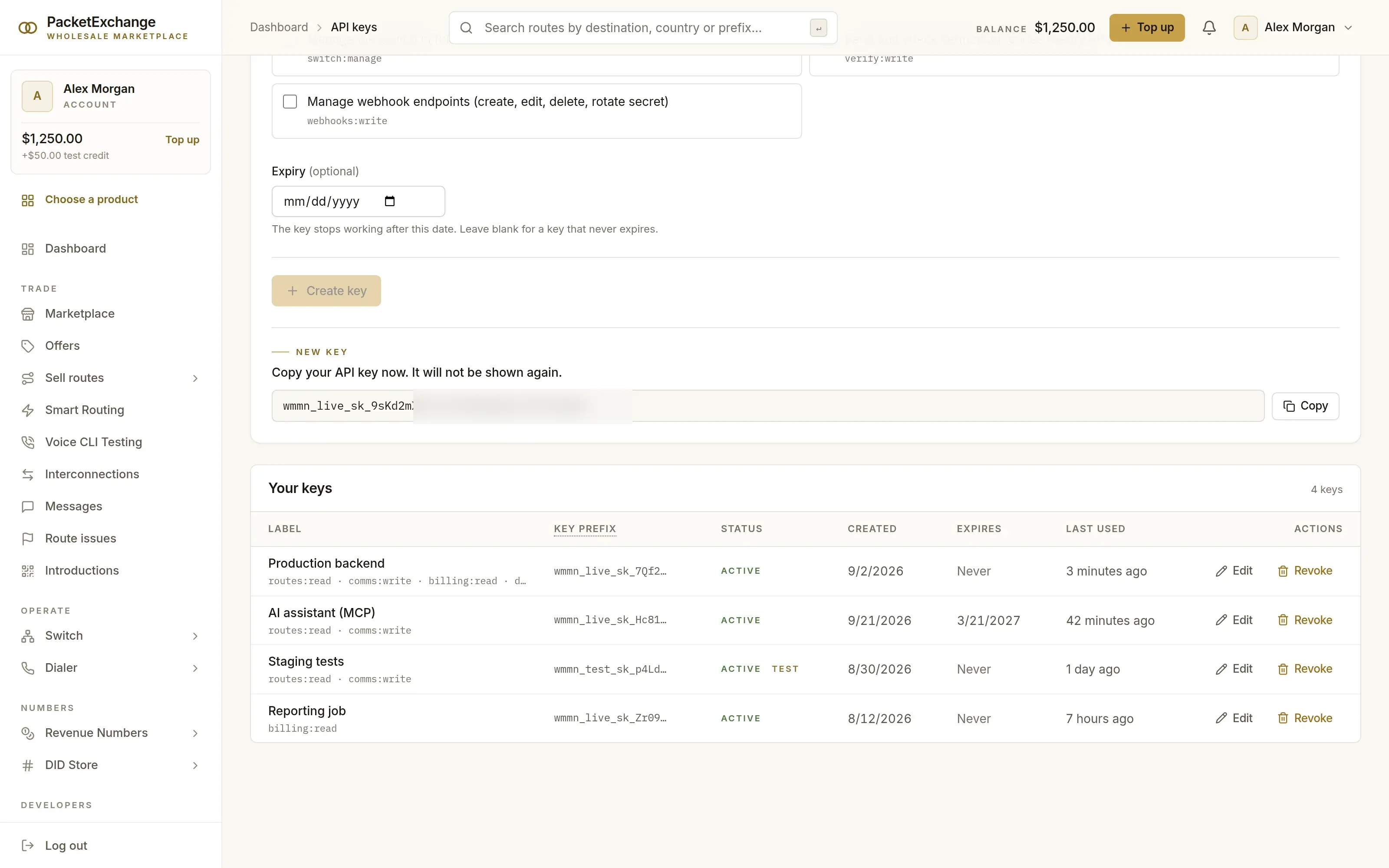 API keys page showing a newly created key to copy once, and a table of keys with label, prefix, live or test, scopes, expiry and last use
