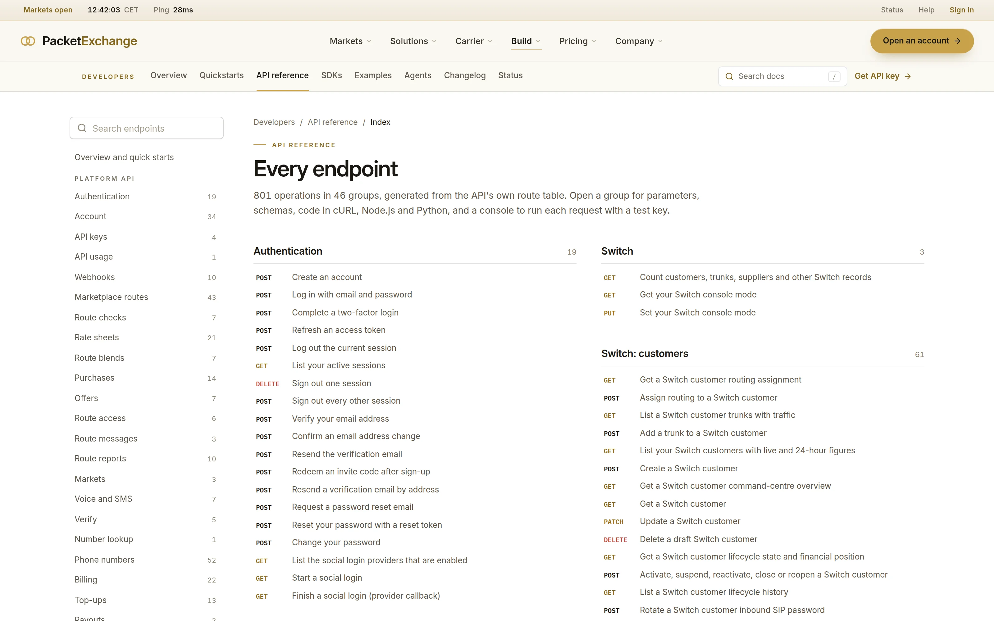 API reference index listing 801 operations in 46 groups, with method badges and a searchable sidebar of endpoint groups