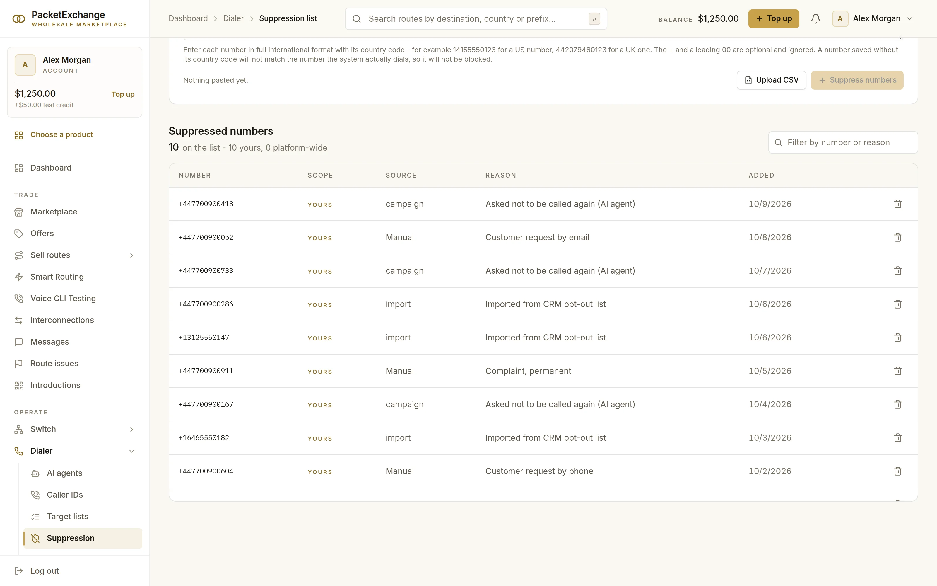 Suppression list of numbers that are never dialled, each with source and reason, including numbers added when a person asked the AI agent not to be called again