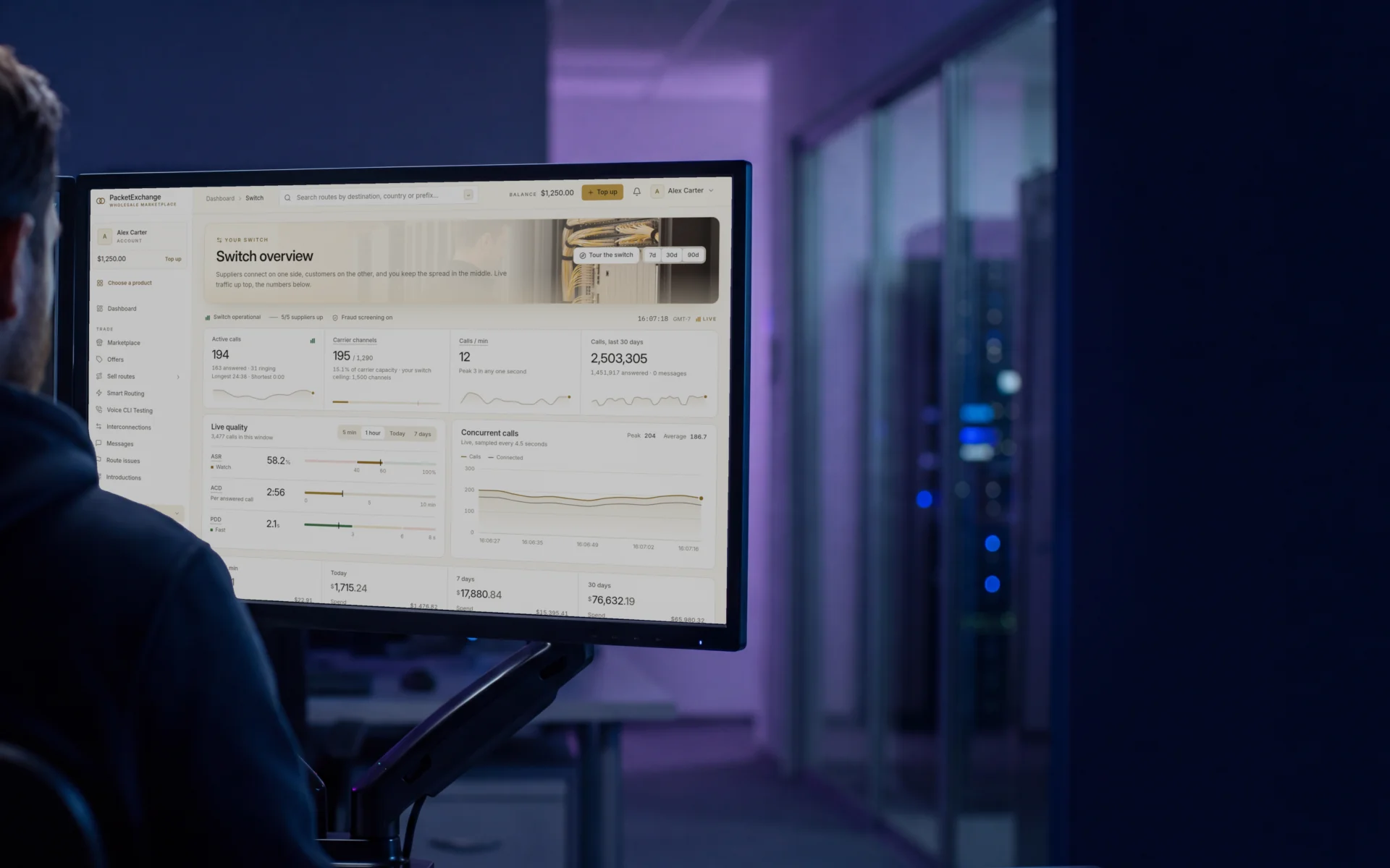 A network engineer in a dark operations room watching the PacketExchange switch console on a large monitor: active calls, carrier channels, live ASR, ACD and PDD, and concurrent calls.