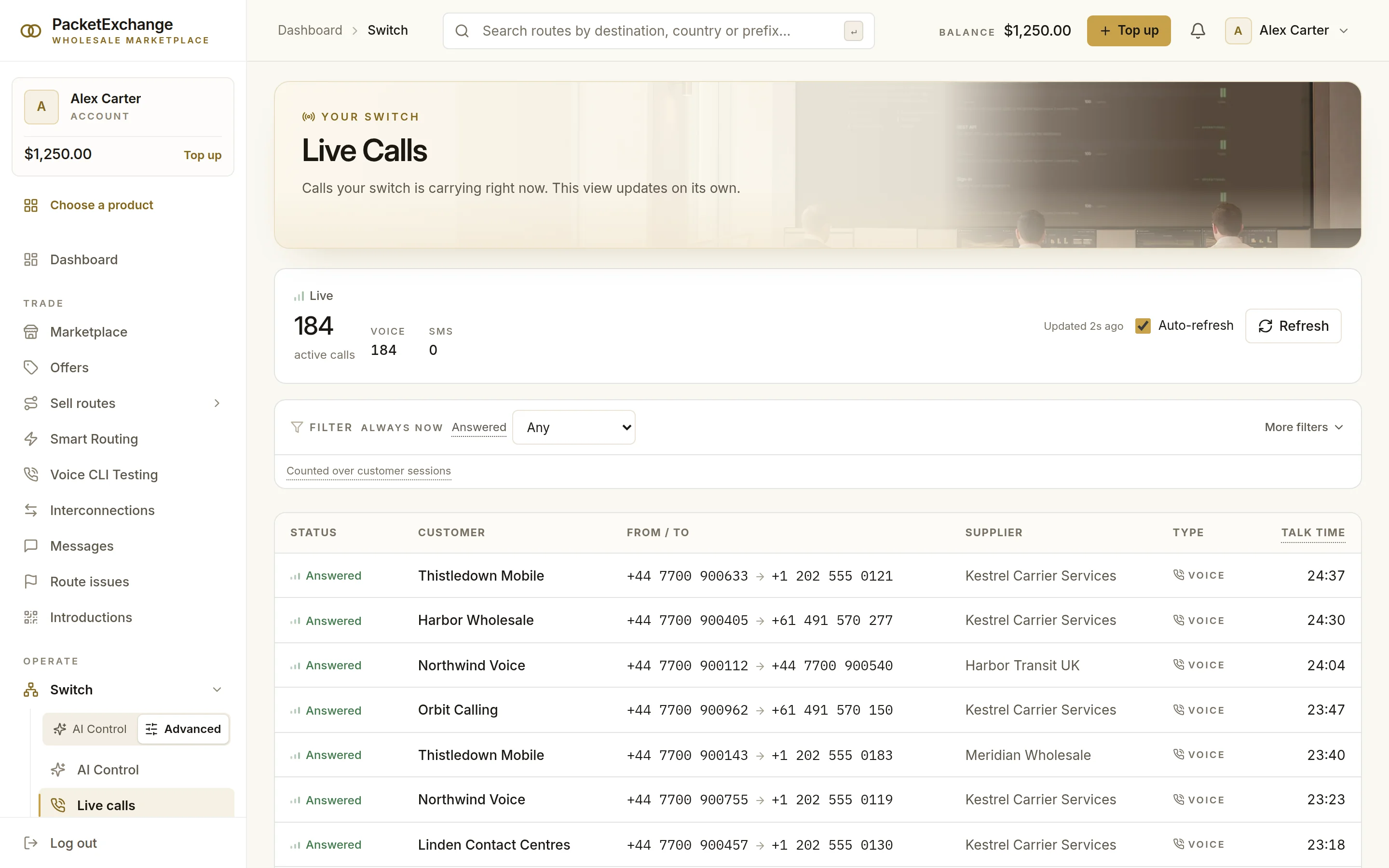 Live Calls table with 184 active calls, each with customer, from and to numbers, supplier, type and talk time