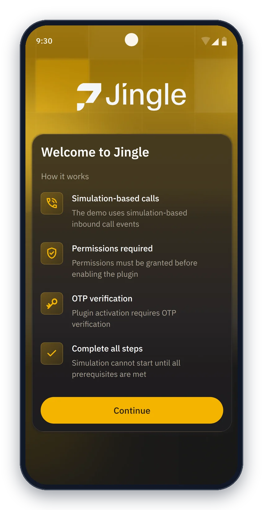 The Jingle demo app welcome screen listing how it works: simulation-based calls, permissions, OTP verification, complete all steps