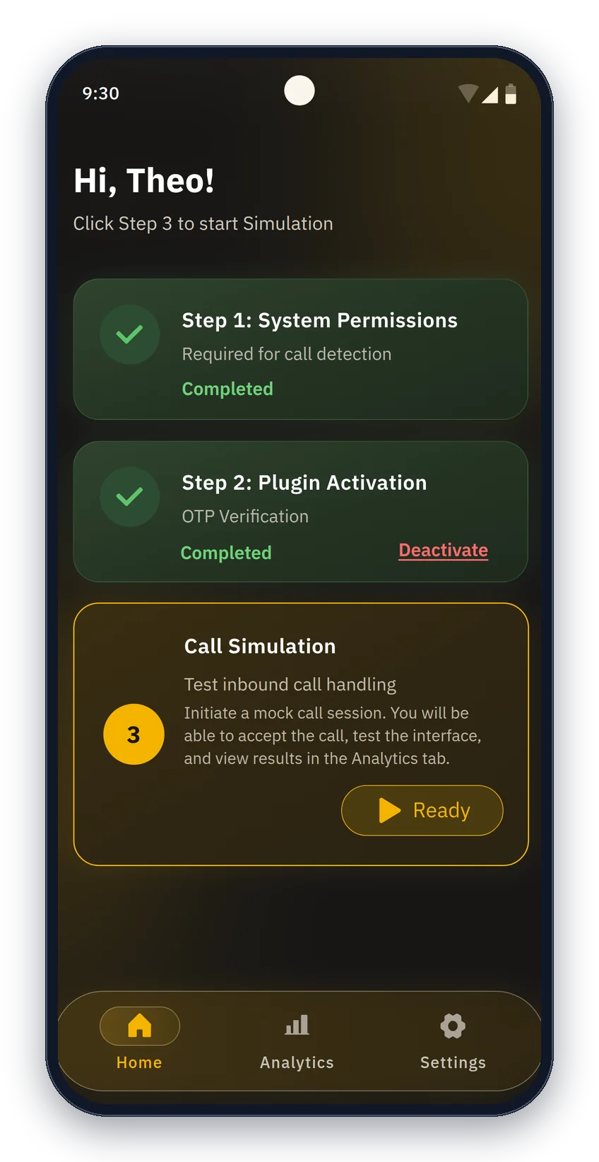 The Jingle demo app home screen with System Permissions and Plugin Activation completed, a Deactivate link, and a call simulation ready to start