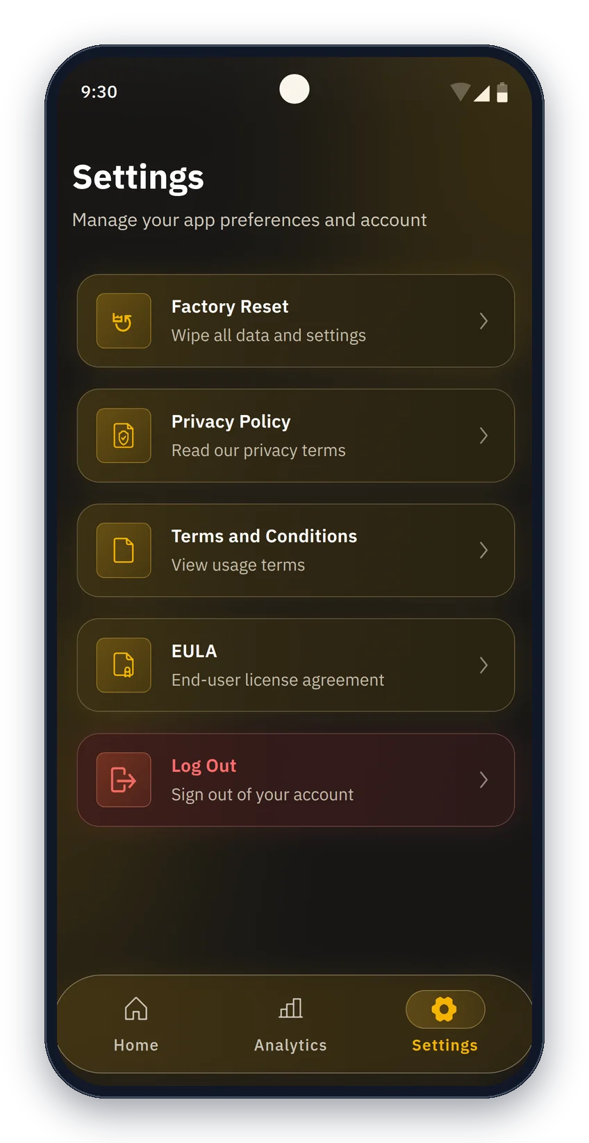 The Jingle demo app Settings screen with Factory Reset, Privacy Policy, Terms and Conditions, EULA and Log Out