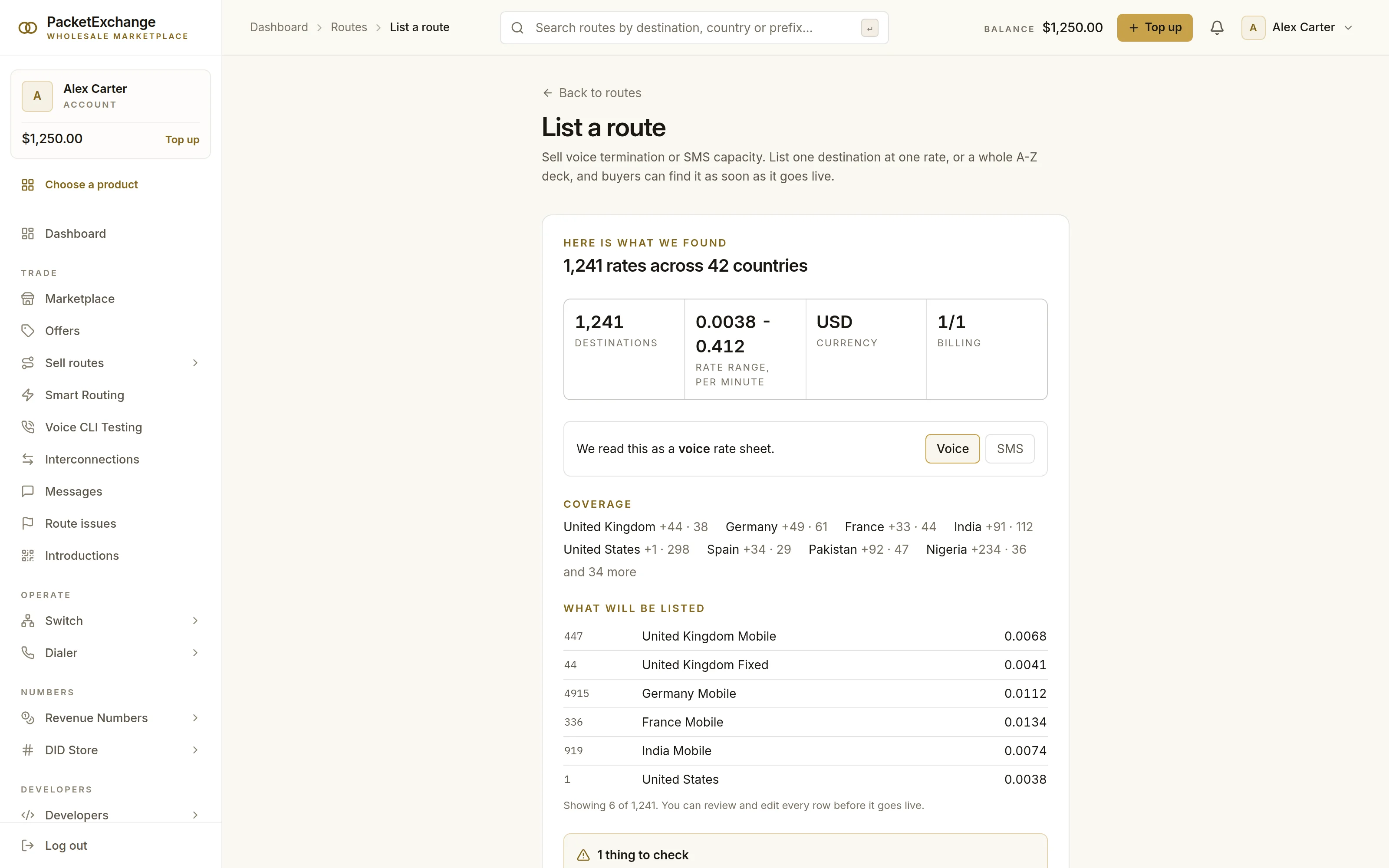 After a rate sheet upload: 1,241 rates across 42 countries, rate range, currency, billing, coverage by country and a preview of what will be listed