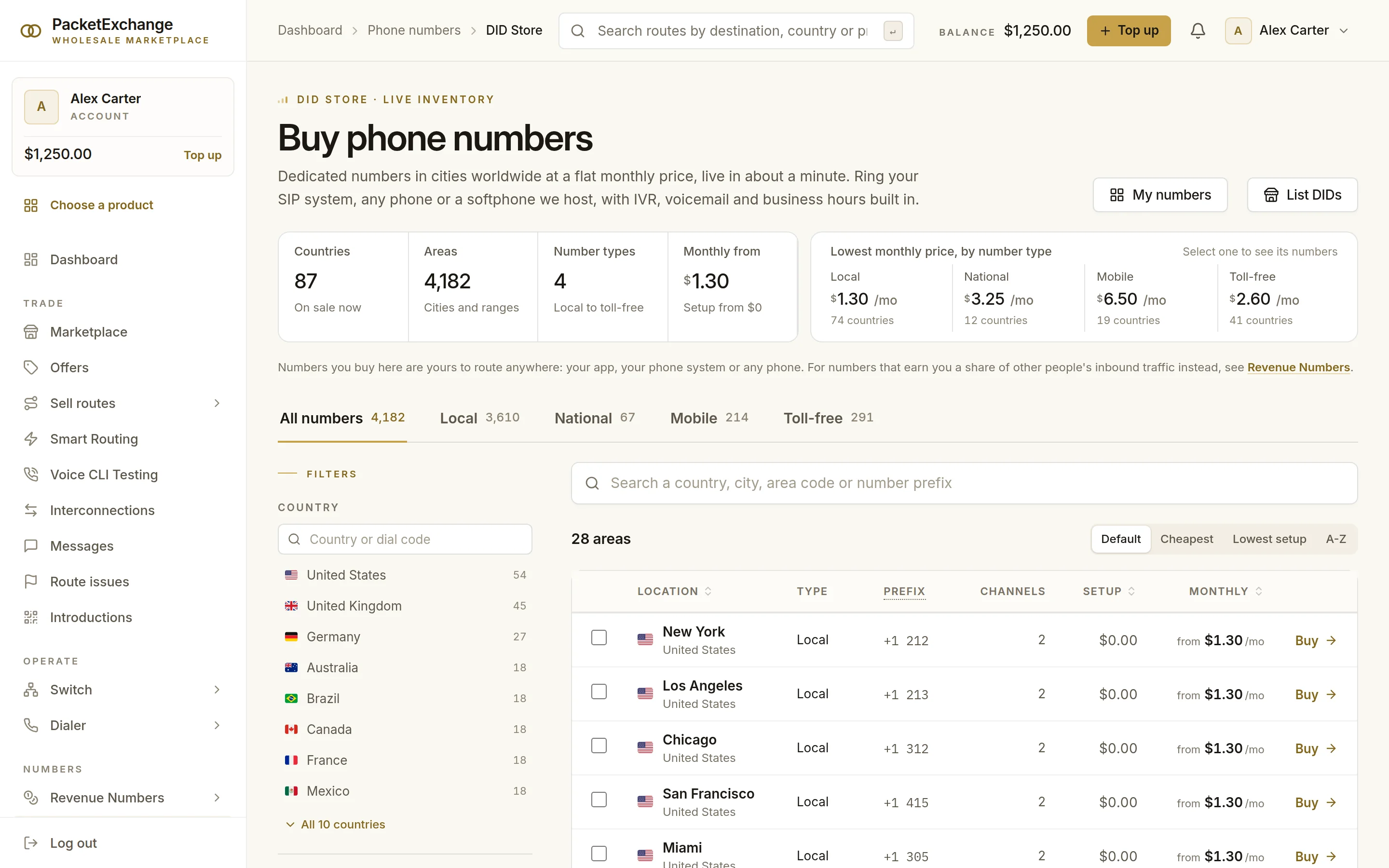 Buy phone numbers page with countries, areas, number types and lowest monthly price by type, filters, and local numbers by city with prefix, channels, setup and monthly price