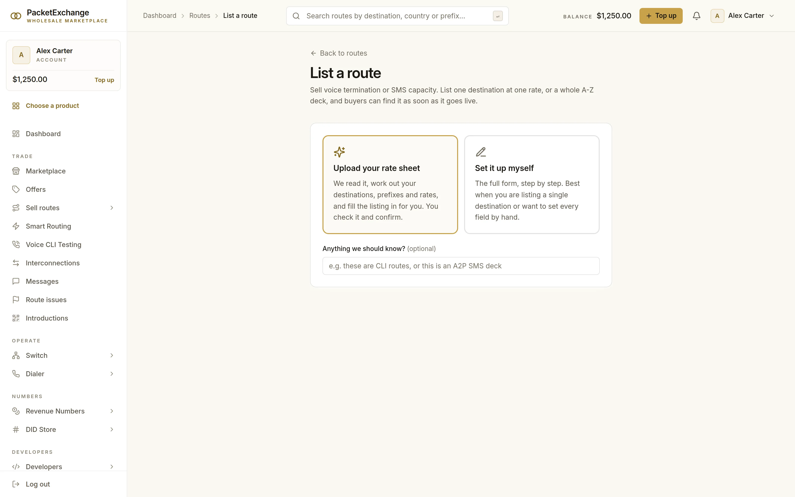 List a route: upload your rate sheet and have the listing filled in for you, or set it up yourself step by step