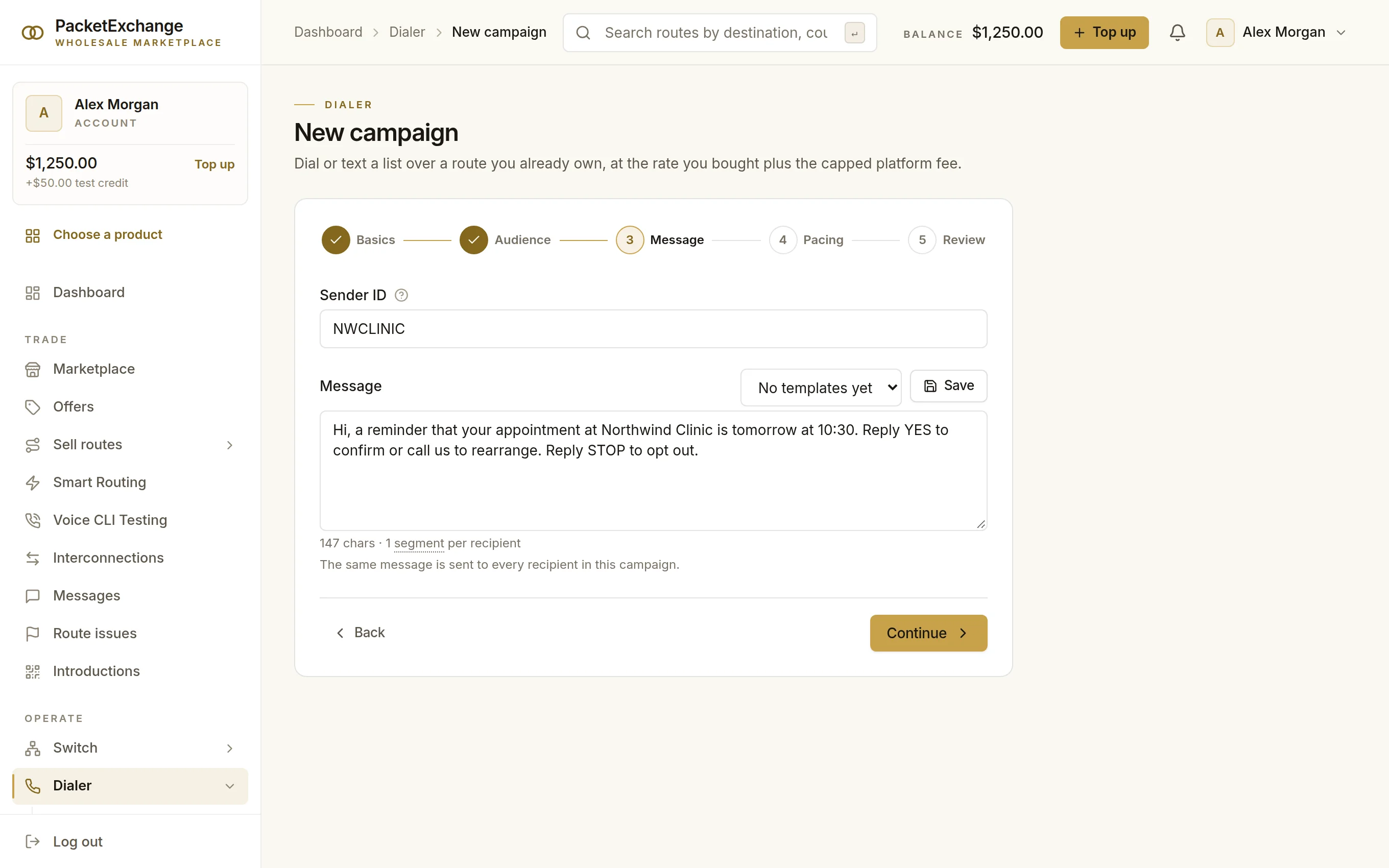 SMS campaign wizard on the Message step with an alphanumeric sender ID, a 147-character appointment reminder, and the segment count per recipient