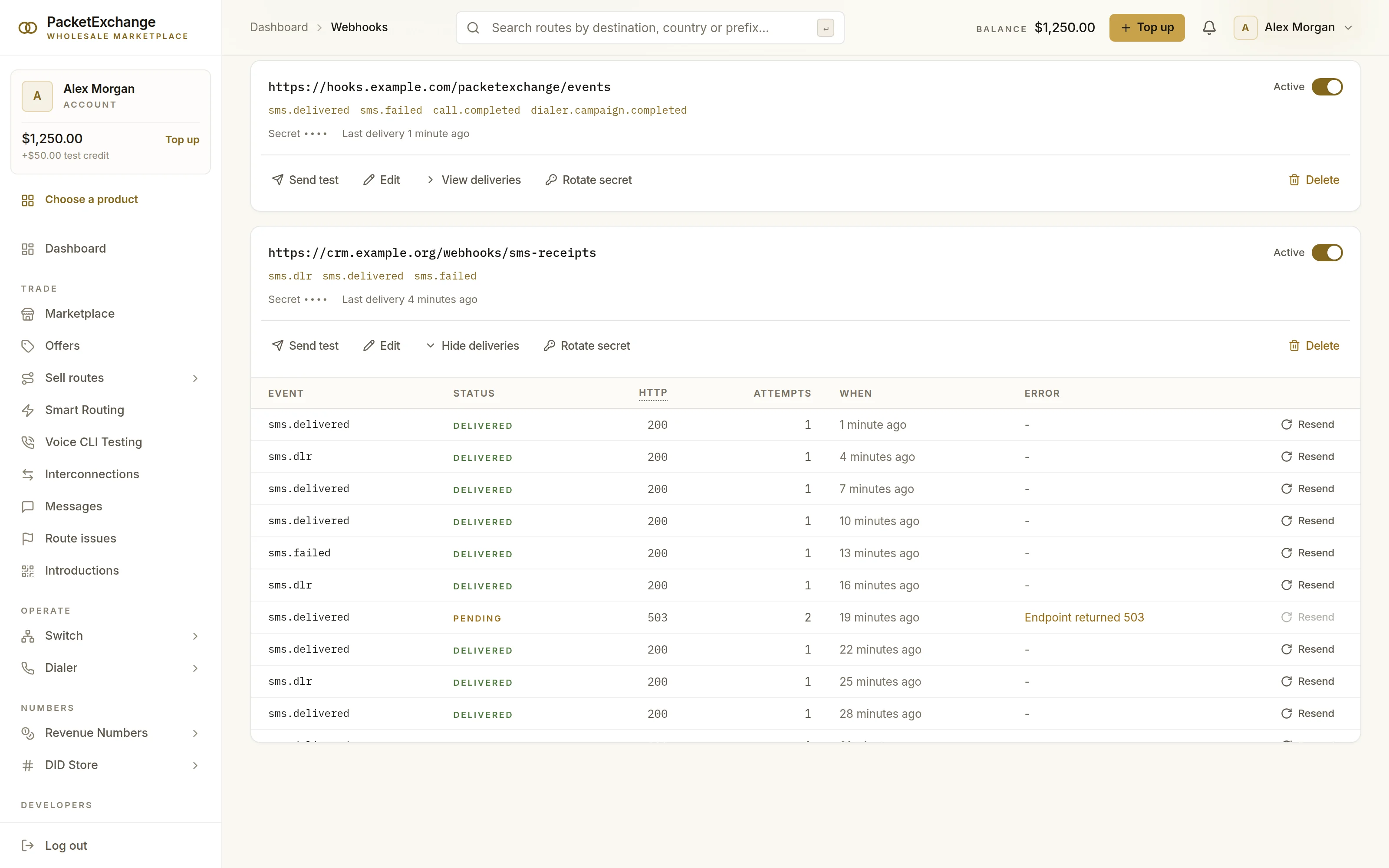 Webhook endpoint for SMS receipts with its delivery log of sms.delivered, sms.dlr and sms.failed events, HTTP status, attempts and a pending retry