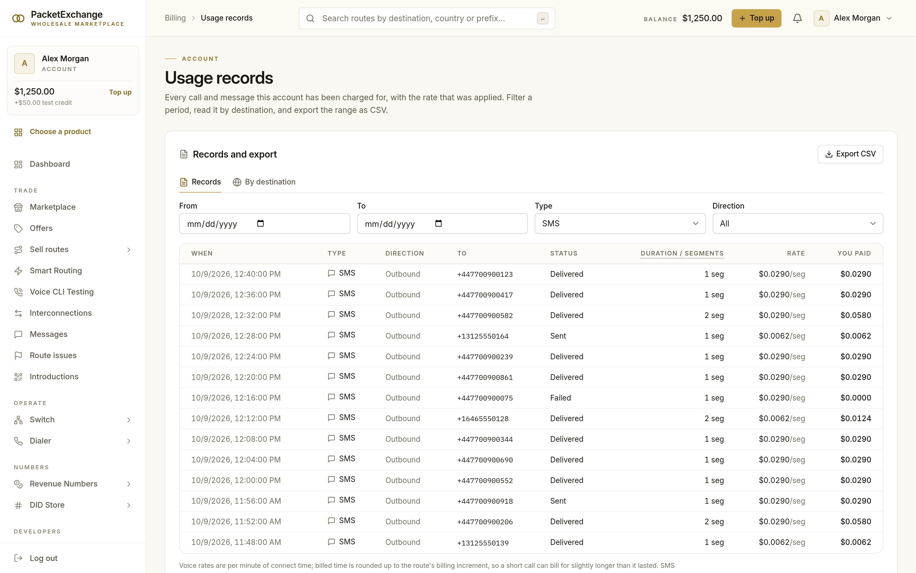 Usage records filtered to SMS: each outbound message with time, recipient, status (delivered, sent, failed), segments, rate and cost