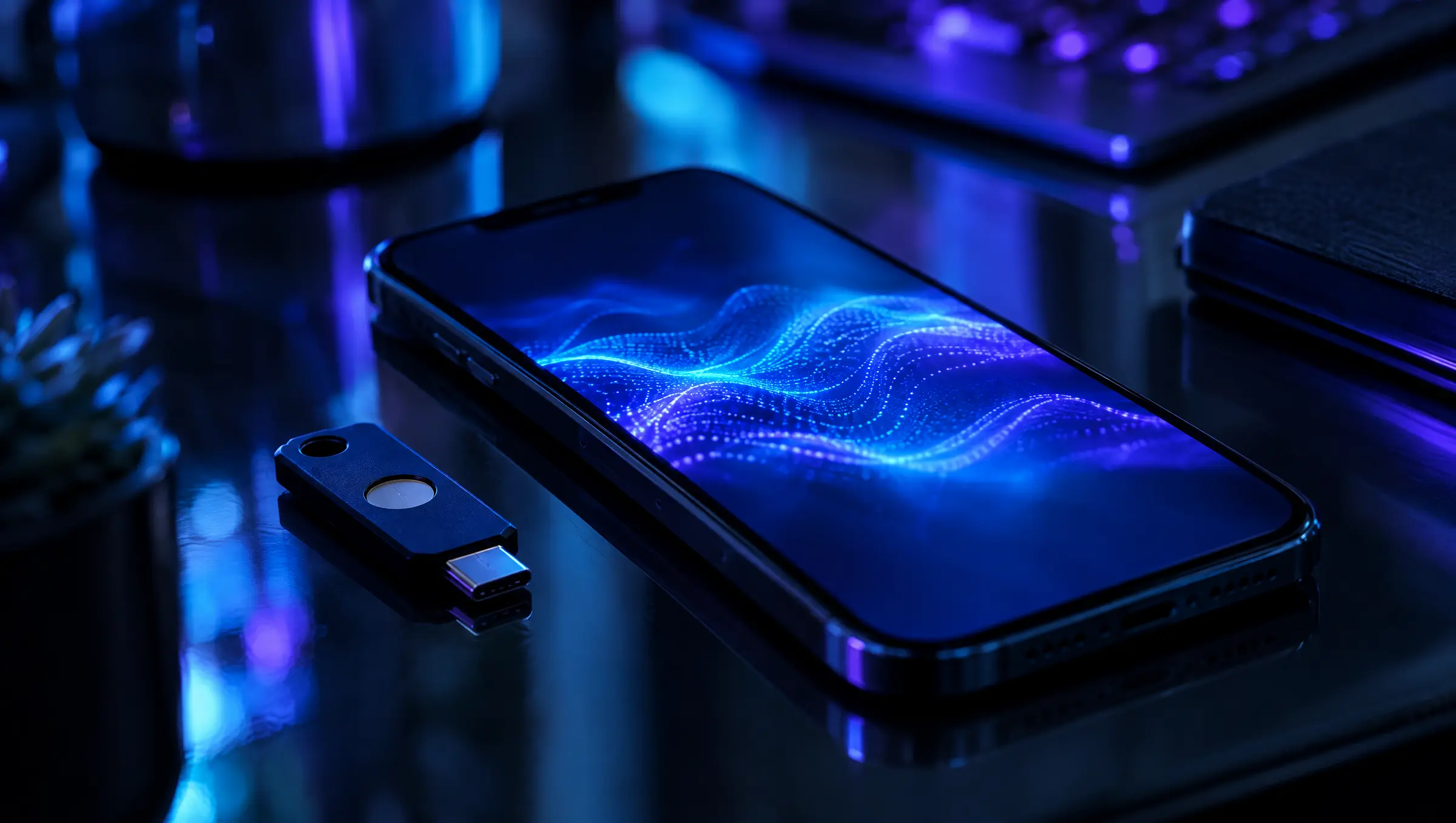 A smartphone beside a hardware security key on a dark desk
