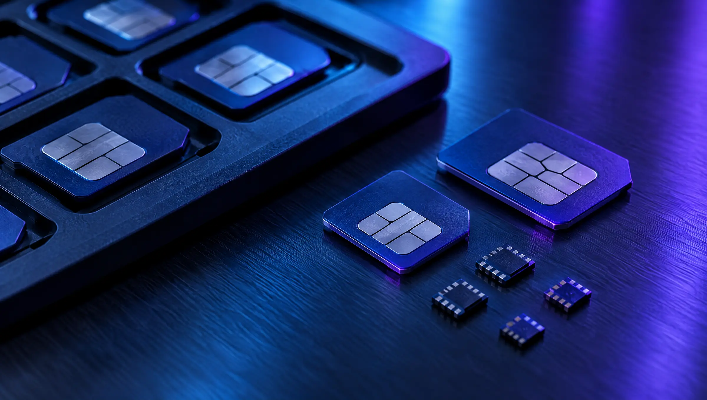 SIM cards and eSIM chips on a dark surface