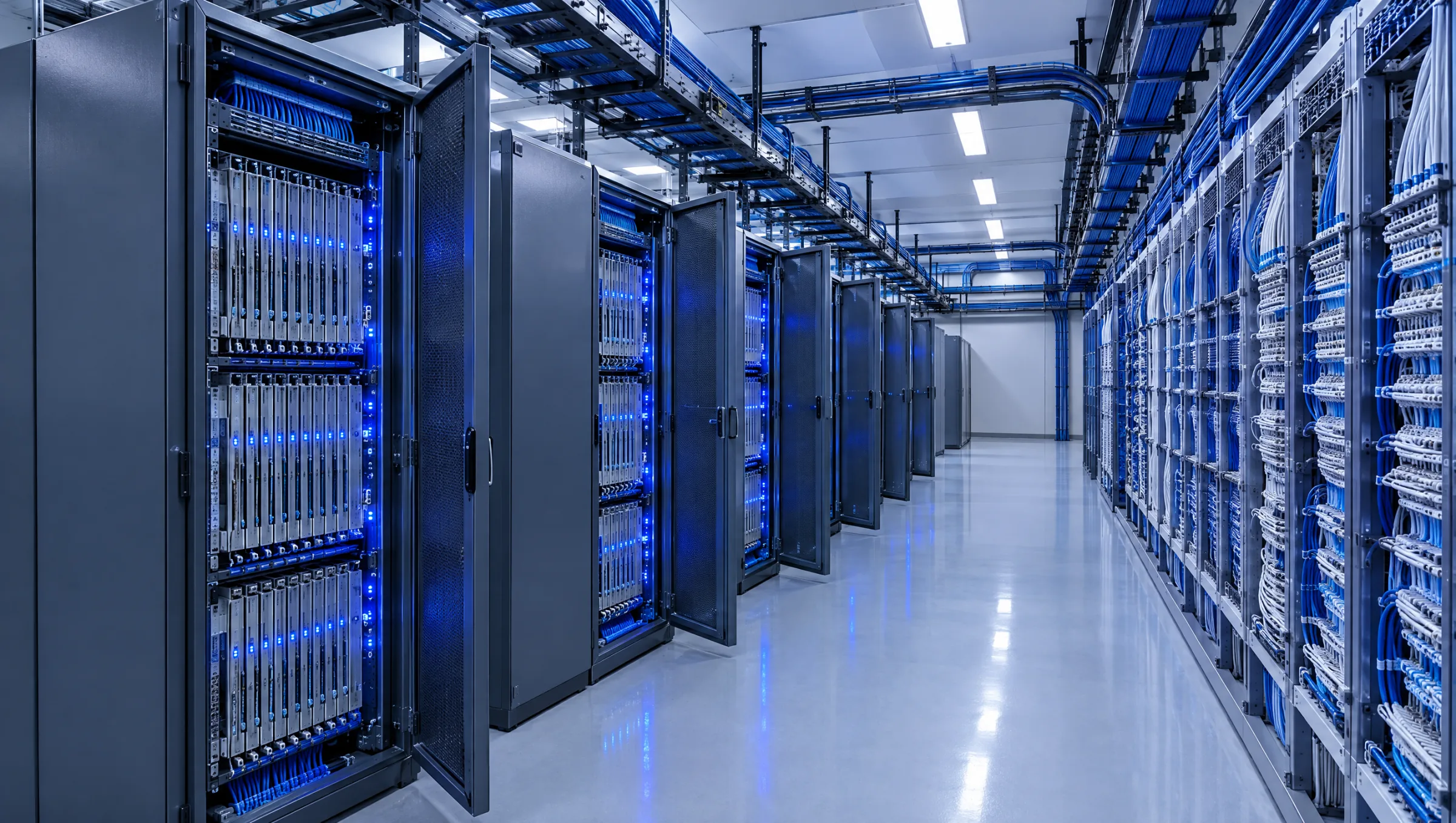 Inside a telephone exchange: open equipment cabinets beside a cross-connect frame